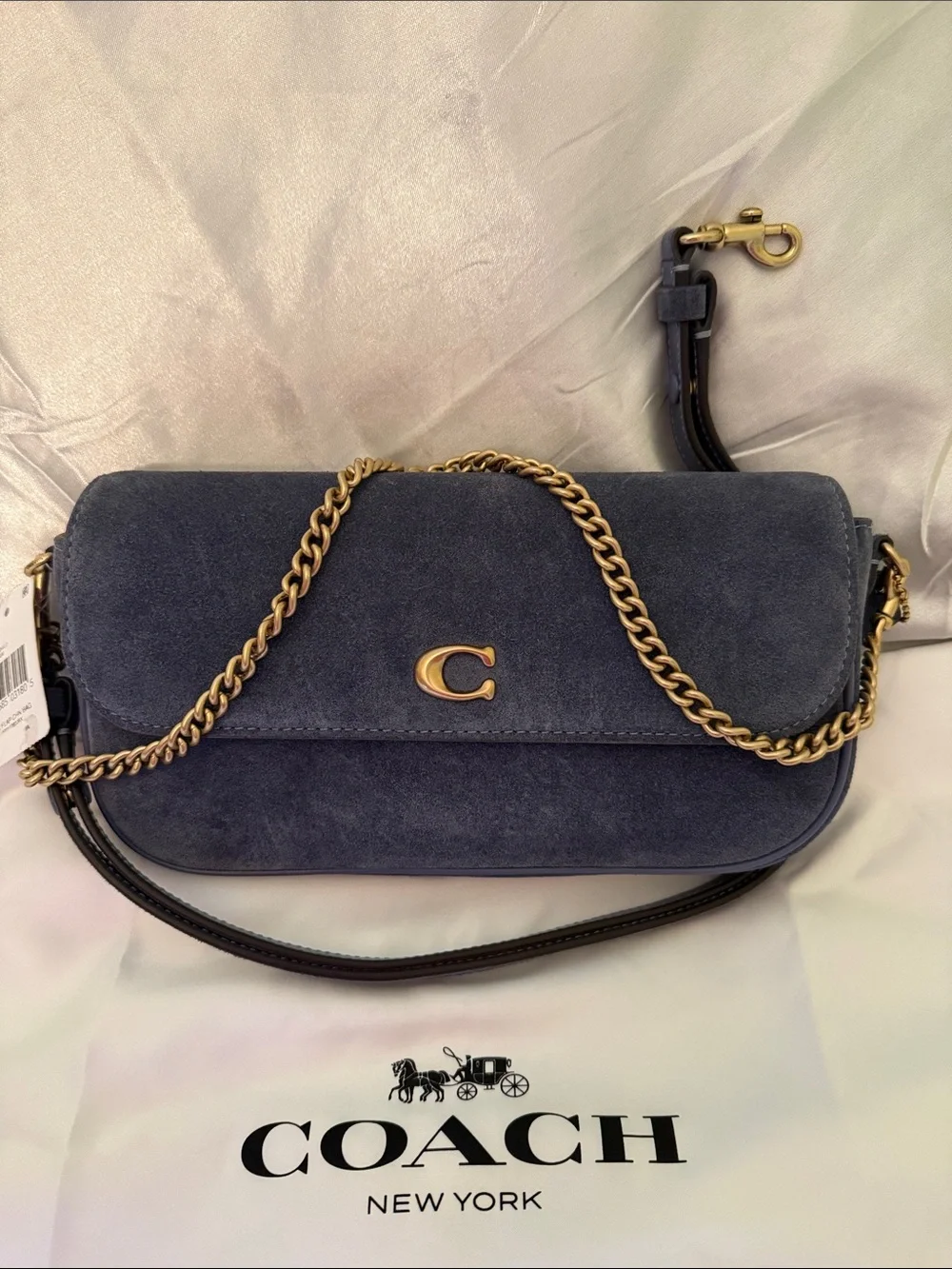 💙Coach NWT Blue Suede Brooke Flap Chain Shoulder Bag with Brass Chain / Hardware